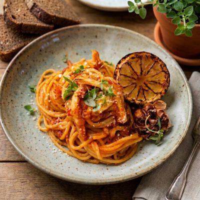 Blaeksprutte-i-spansk-tomatsauce-med-spaghetti
