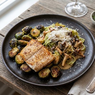 Havkat-med-bagte-rosenkaal-frisk-pasta-og-svampesauce